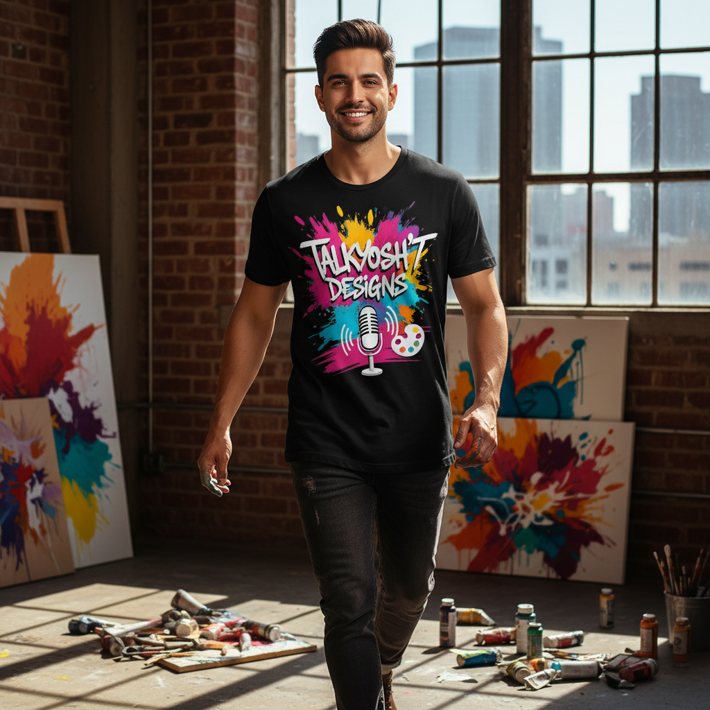Black graphic tee with colorful TalkYoSh't Designs artist logo print, lifestyle shot